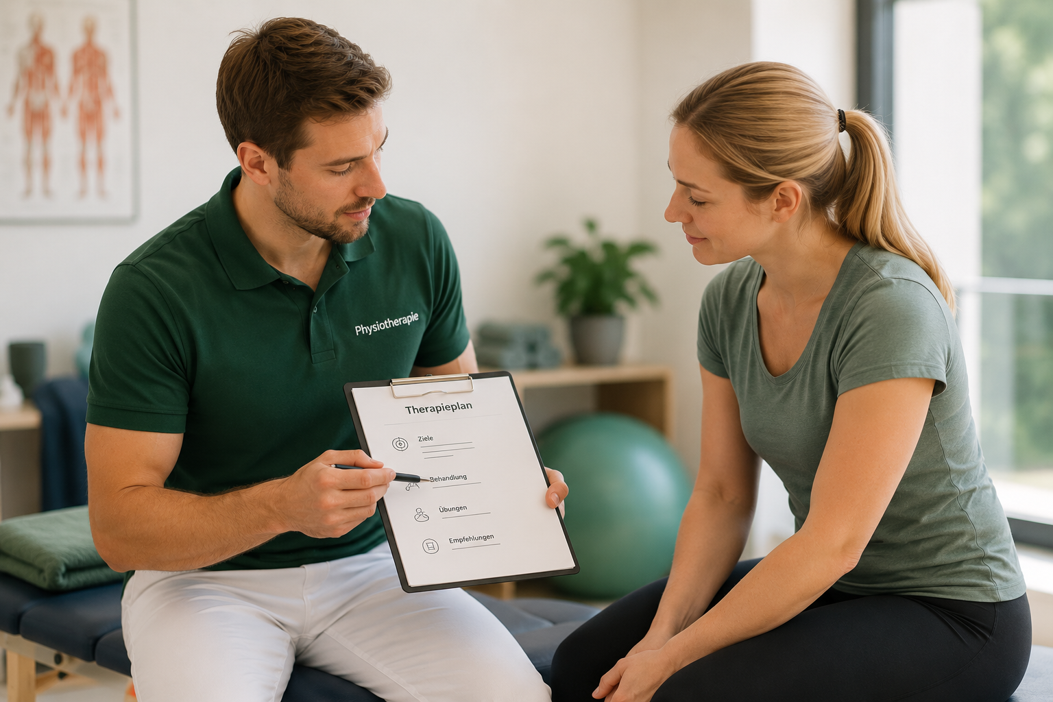 Therapeut bespricht den Therapieplan mit einer Patientin